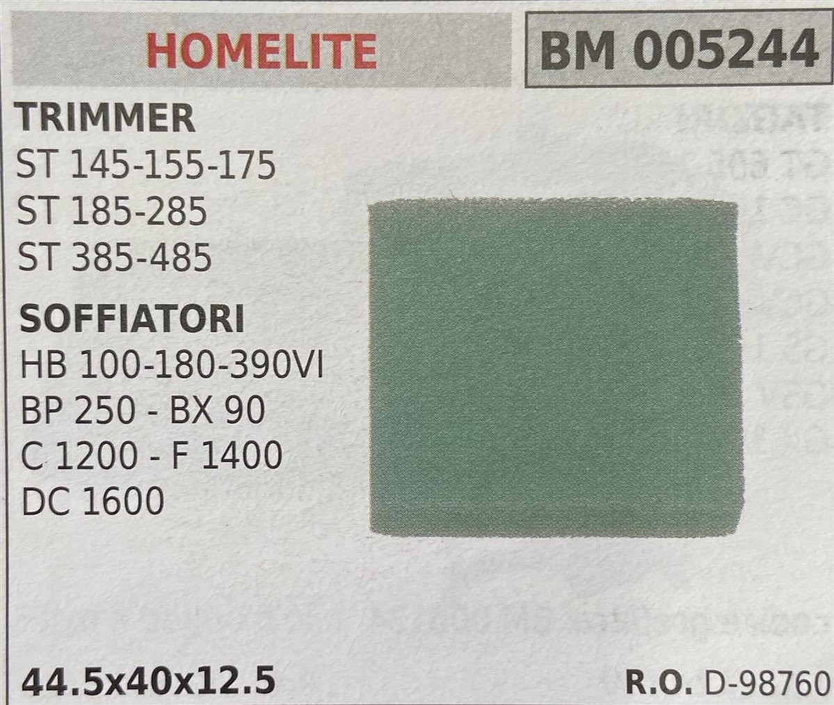 BRUMAR FILTRO HOMELITE  TRIMMER ST 145-155-175 ST 185-285 ST 385-485 SOFFIATORI HB 100-180-390VI BP 250 - BX 90 C 1200 - F 1400 DC 1600  44.5x40x12.5 R.O. D-98760