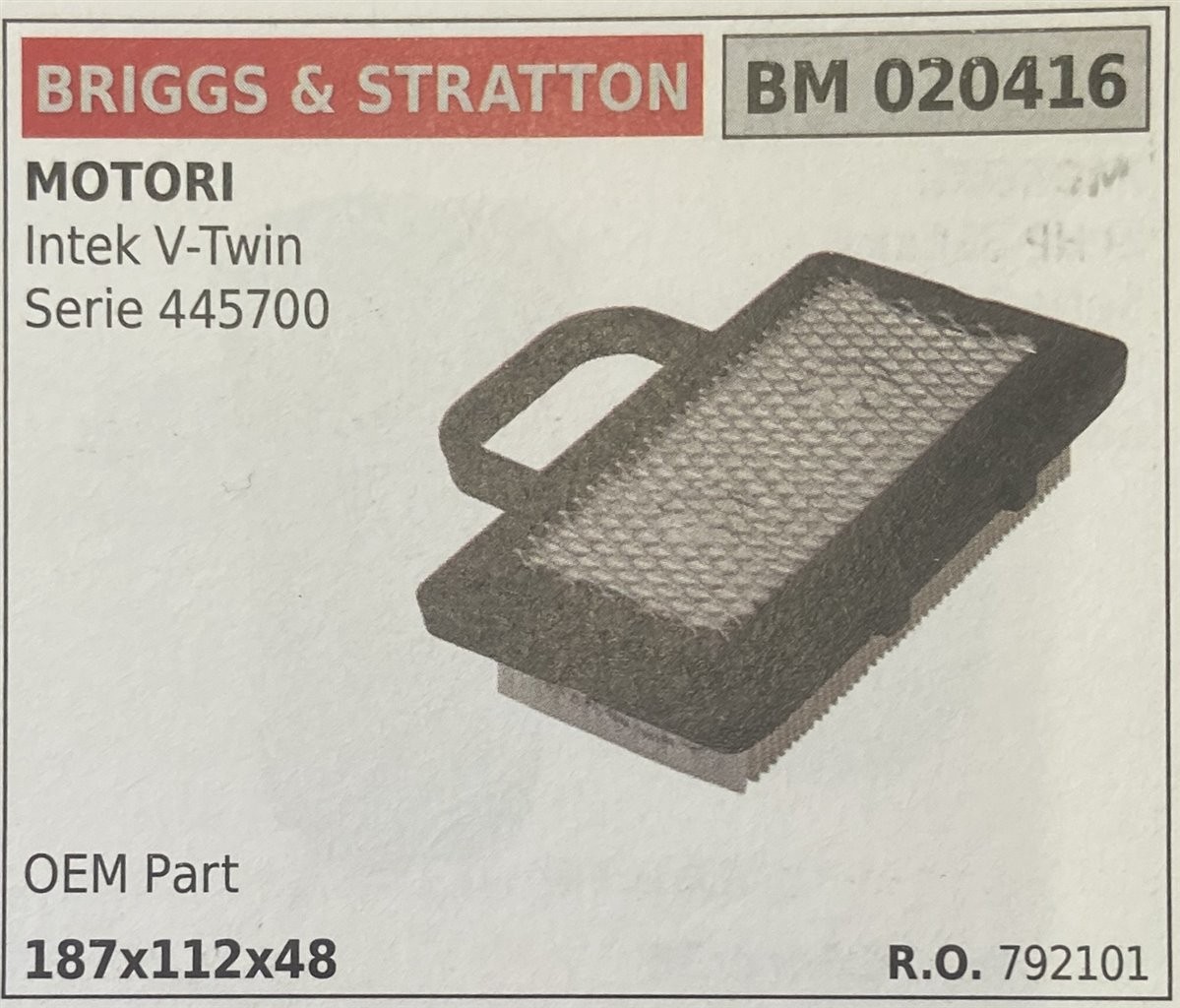 BRUMAR FILTRO BRIGGS & STRATTON  MOTORI Intek V-Twin Serie 445700  OEM Part 187x112x48 R.O. 792101