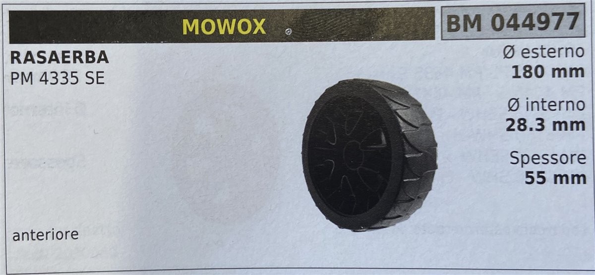 BRUMAR RUOTA RASAERBA MOWOX  RASAERBA PM 4335 SE  ansteriore Ø esterno 180 mm Ø interno 28.3 mm spessore 55 mm  R.O. -