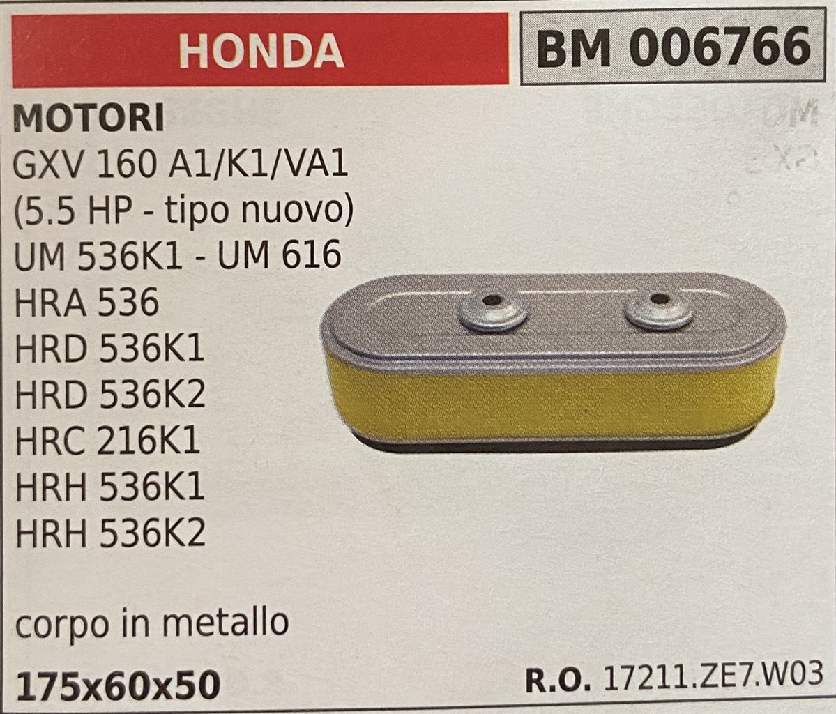 BRUMAR FILTRO HONDA  MOTORI GXV 160 A1/K1/VA1 (5.5 HP - tipo nuovo) UM 536K1 - UM 616 HRA 536 HRD 536K1 HRD 536K2 HRC 216K1 HRH 536K1 HRH 536K2  corpo in metallo 175x60x50 R.O. 17211.ZE7.W03