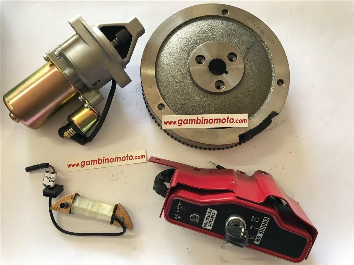 Kit avviamento elettrico COMPLETO VOLANO  per motori HONDA e ZANETTI :  GX160 - GX200 - ZBM160 - ZBM200   Composto da :     - Convogliatore - Volano - Deflettore - Motorino avviamento - Quadro avviamento - Bobina carica batteria     Codice  KITZAE.200   H