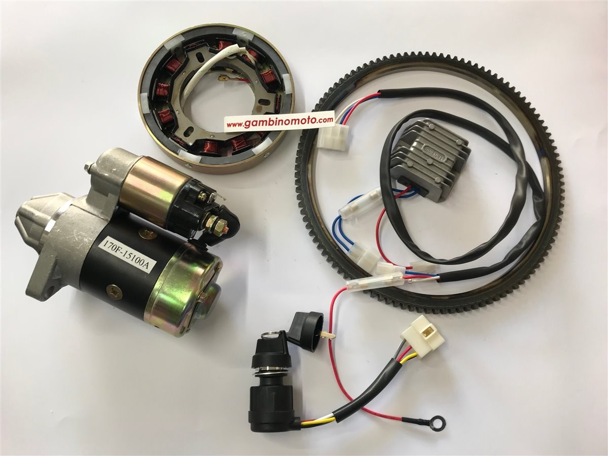 KIT AVVIAMENTO ELETTRICO ZANETTI ZDM70 YANMAR L48 ZANETTI ZDM70 5 CV  (corona, motorino, alternatore, regolatore, set cavi, blocchetto chiave, curva filtro aria)  Cod. riferimento: KITZEC.07 per ZDM70 VA BENE SU MOTI YANMAR - RAMNAY - KAMA - CM 5 CAVALLI