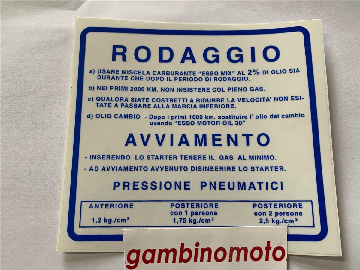 ADESIVO RODAGGIO BLU 2% VESPA 180 200 RALLY 125 150 SPRINT SUPER GT GTR