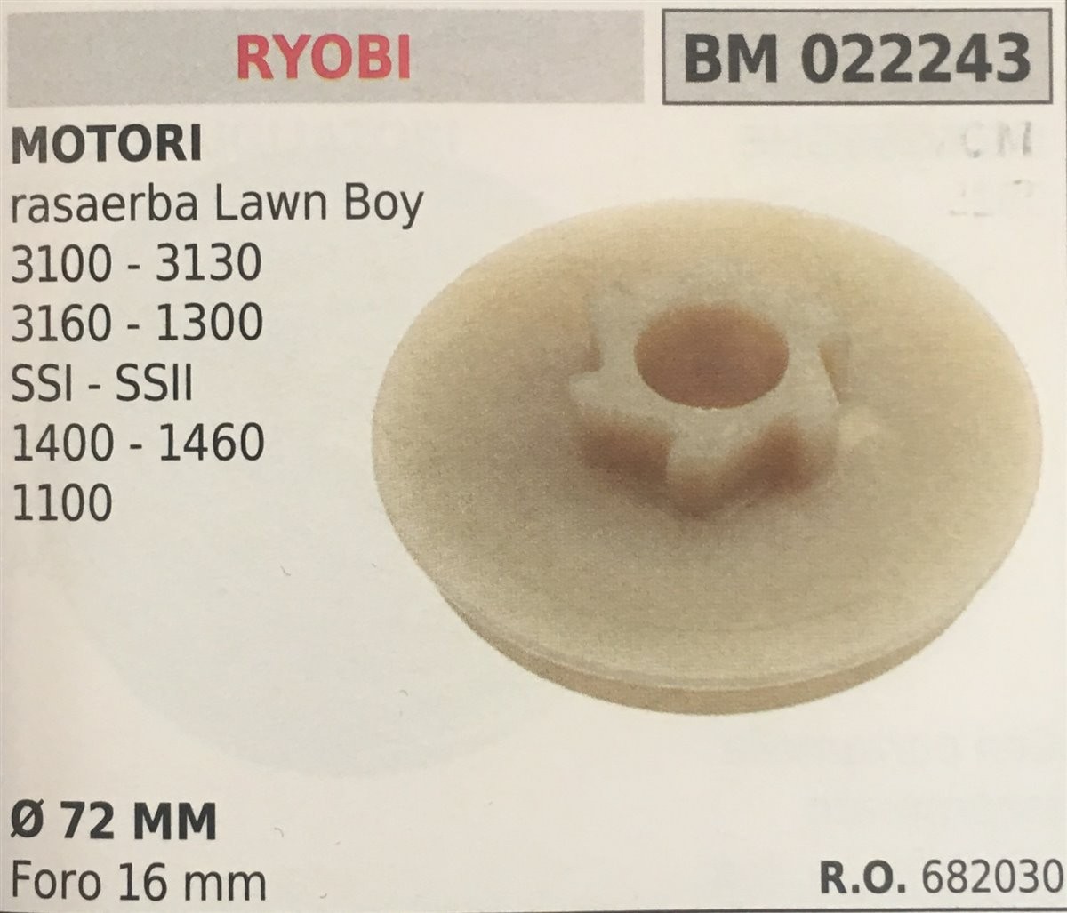 PULEGGIA AVVIAMENTO BRUMAR RYOBI MOTORI rasaerba Lawn Boy 3100 - 3130 3160 - 1300 SSI - SSII 1400 - 1460 1100    Ø 72 MM foro 16 mm