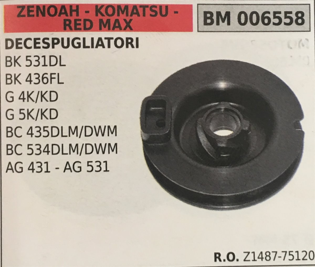 PULEGGIA AVVIAMENTO BRUMAR ZENOAH - KOMATSU - RED MAX DECESPUGLIATORI BK 531DL BK 436FL G 4K/KD G 5K/KD BC 435 DLM/DWM BC 534 DLM/DWM AG 431 - AG 531