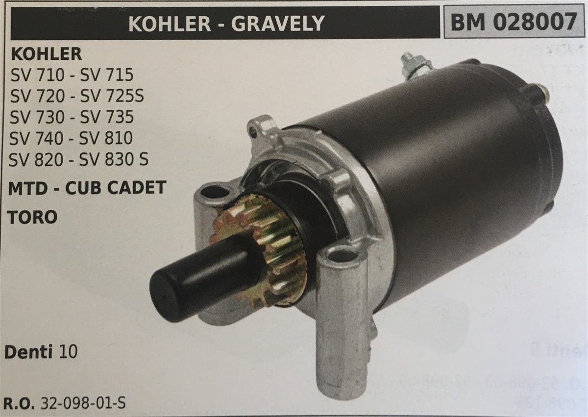 MOTORINO AVVIAMENTO BRUMAR KOHLER - GRAVELY KOHLER SV 710 - SV 715 SV 720 - SV 725S SV 730 - SV 735 SV 740 - SV 810 SV 820 - SV 830 S  MTD - CUB CADET - TORO    DENTI 10