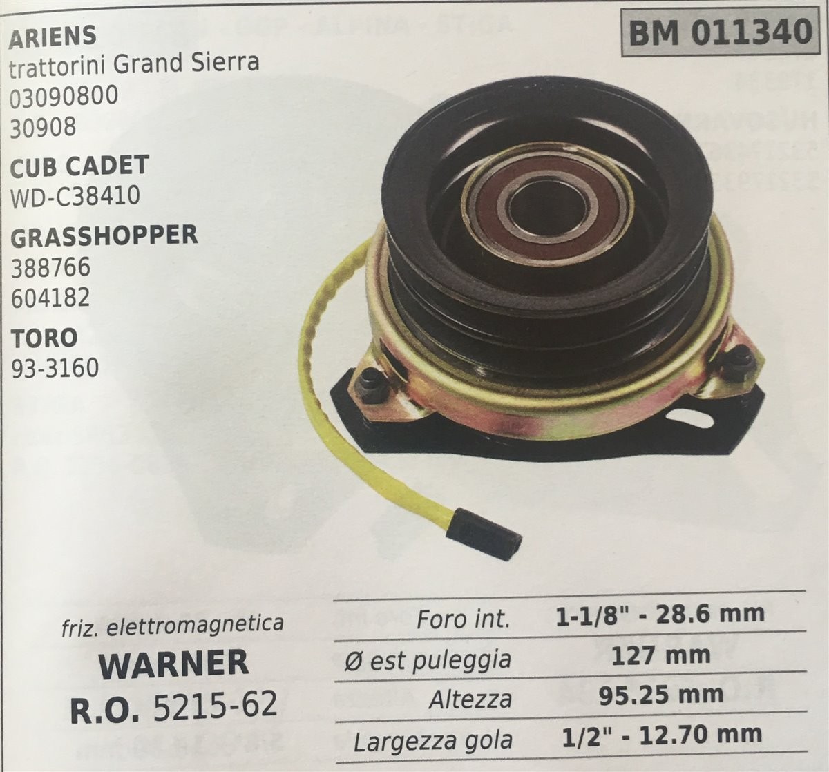 FRIZIONE ELETTROMAGNETICA BRUMAR WARNER ARIENS  trattorini Grand Sierra 03090800 30908 CUB CADET WD-C38410 GRASSHOPPER 388766 604182 TORO 93-3160    foro int. 1-1/8" - 28.6 mm Ø est puleggia 127 mm altezza 95.25 mm larghezza gola 1/2" - 12.70 mm