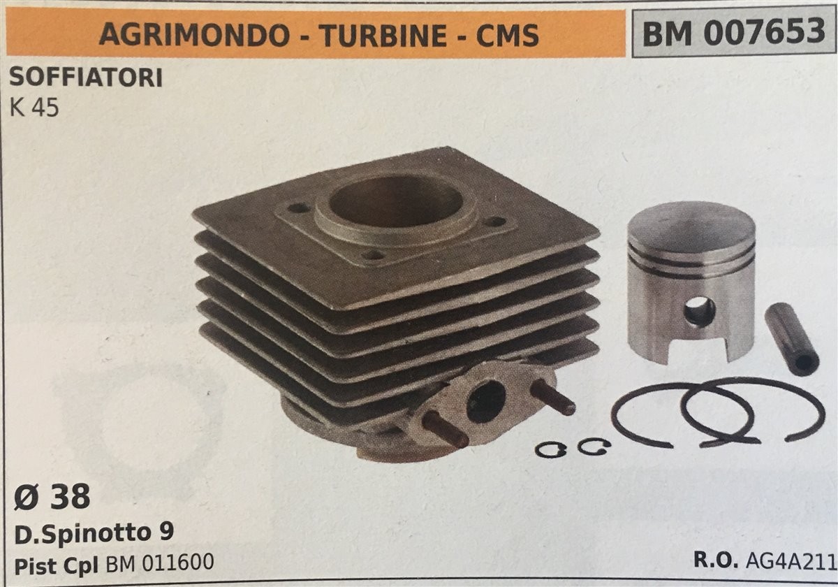 CILINDRO COMPLETO DI PISTONE E SEGMENTI BRUMAR  AGRIMONDO - TURBINE -  CMS SOFFIATORI K 45    Ø 38 D.Spinotto 9 Pist Cpl BM 011600