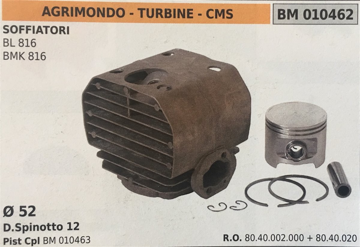 CILINDRO COMPLETO DI PISTONE E SEGMENTI BRUMAR  AGRIMONDO - TURBINE -  CMS SOFFIATORI BL 816 BMK 816    Ø 52 D.Spinotto 12 Pist Cpl BM 010463