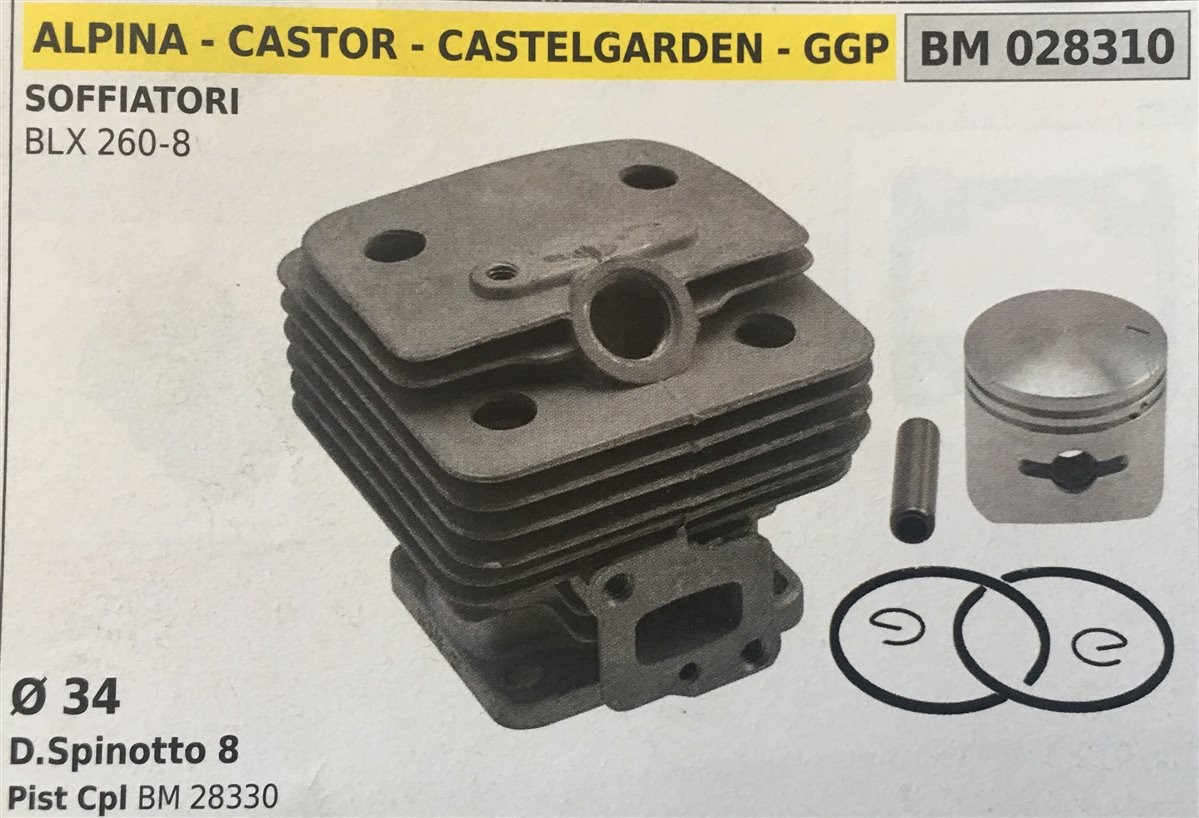 CILINDRO COMPLETO DI PISTONE E SEGMENTI BRUMAR  ALPINA - CASTOR - CASTELGARDEN - GGP SOFFIATORI BLX 260-8    Ø 34 D.Spinotto 8 Pist Cpl BM 28330