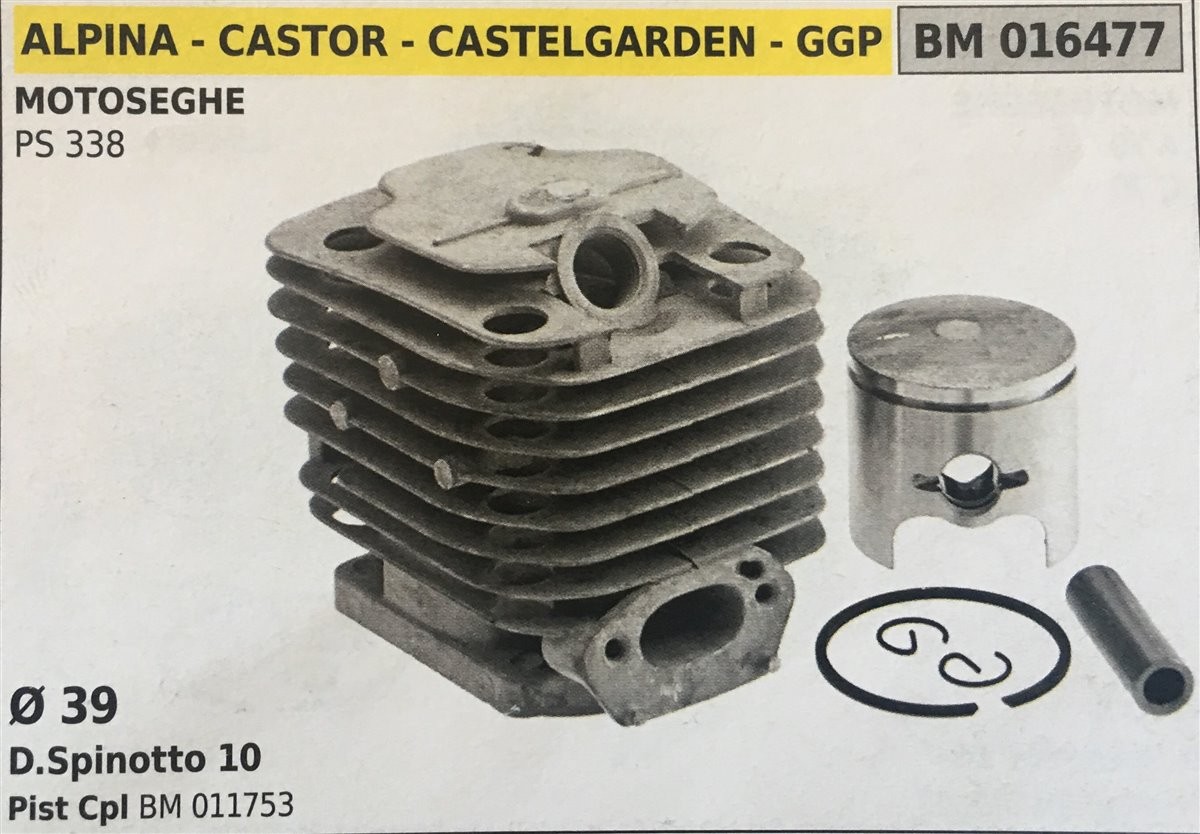 CILINDRO COMPLETO DI PISTONE E SEGMENTI BRUMAR  ALPINA - CASTOR - CASTELGARDEN - GGP MOTOSEGHE P 338    Ø 39 D.Spinotto 10 Pist Cpl BM 011753