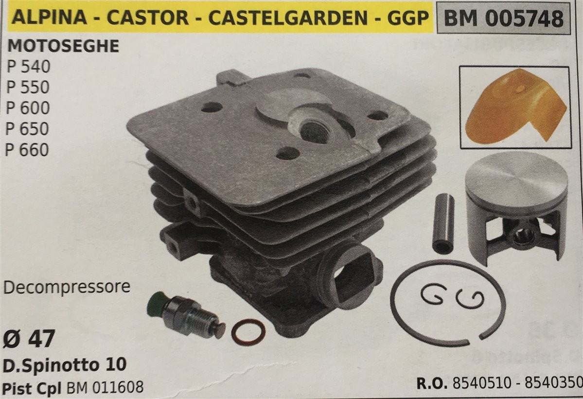 CILINDRO COMPLETO DI PISTONE E SEGMENTI BRUMAR  ALPINA - CASTOR - CASTELGARDEN - GGP MOTOSEGHE P 540 P 550 P 600 P 650 P 660    Decompressore Ø 47 D.Spinotto 10 Pist Cpl BM 011608