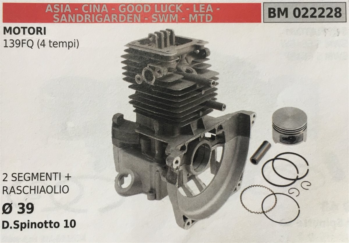 CILINDRO COMPLETO DI PISTONE E SEGMENTI BRUMAR  ASIA - CINA - GOOD LUCK - LEA - SANDRIGARDEN - SWM - MTD MOTORI 139FQ (4 tempi)    2 SEGMENTI  + RASCHIAOLIO Ø 39 D.Spinotto 10
