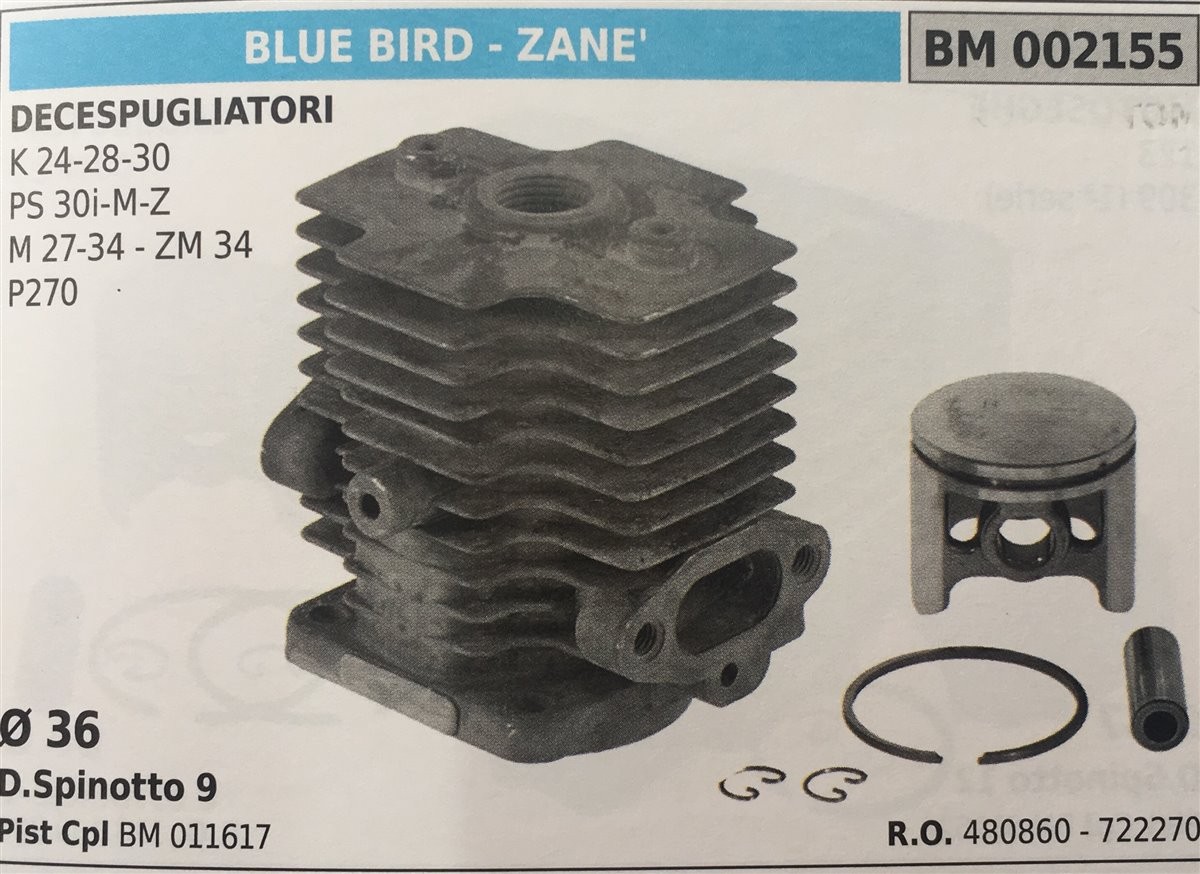 CILINDRO COMPLETO DI PISTONE E SEGMENTI BRUMAR  BLUE BIRD - ZANE' DECESPUGLIATORI K 24-28-30 PS 30i-M-Z M 27-34 - ZM 34 P270    Ø 36 D.Spinotto 9 Pist Cpl BM 011617