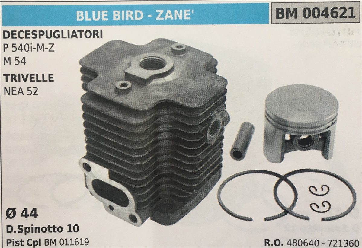 CILINDRO COMPLETO DI PISTONE E SEGMENTI BRUMAR  BLUE BIRD - ZANE' DECESPUGLIATORI P 540i-M-Z M 54 TRIVELLE NEA 52    Ø 44 D.Spinotto 10 Pist Cpl BM 011619