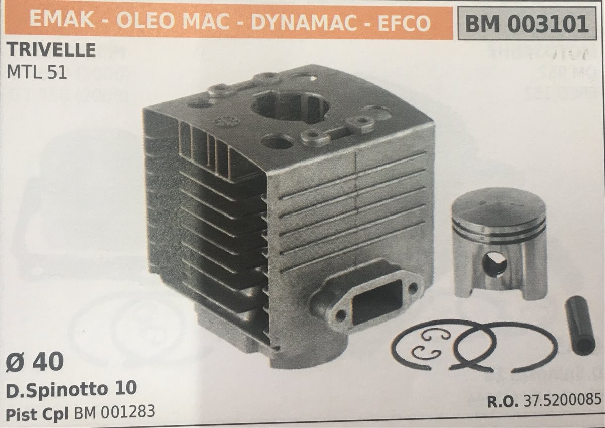 CILINDRO COMPLETO DI PISTONE E SEGMENTI BRUMAR  EMAK - OLEO MAC - DYNAMAC - EFCO TRIVELLE MTL 51    Ø 40 D.Spinotto 10 Pist Cpl BM 001283