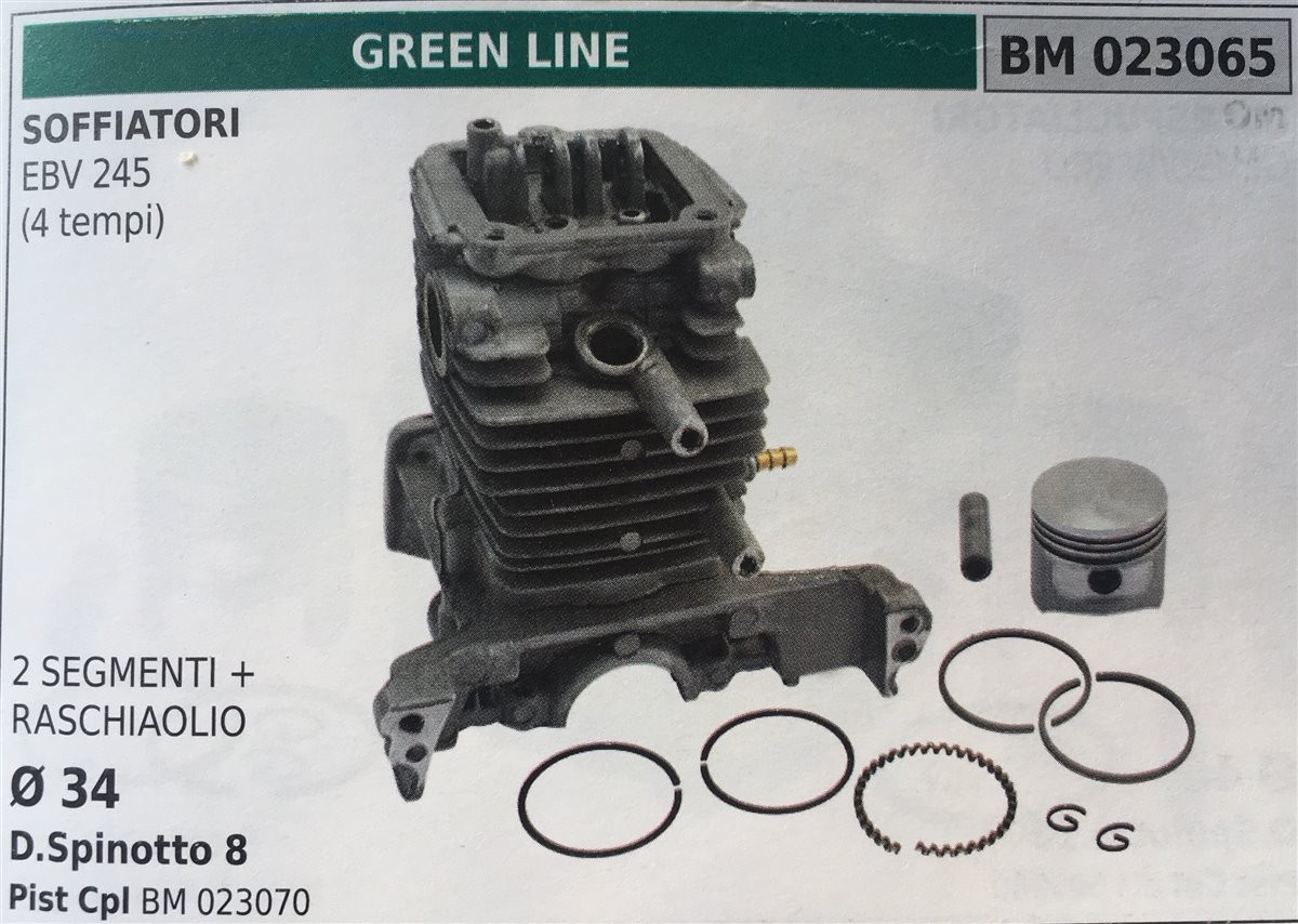 CILINDRO COMPLETO DI PISTONE E SEGMENTI BRUMAR  GREEN LINE SOFFIATORI EBV 245 (4 tempi)    2 SEGMENTI + RASCHIAOLIO Ø 34 D.Spinotto 8 Pist Cpl BM 023070