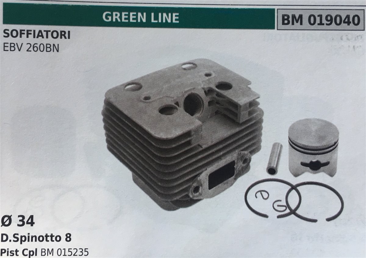 CILINDRO COMPLETO DI PISTONE E SEGMENTI BRUMAR  GREEN LINE SOFFIATORI EBV 260BN    Ø 34 D.Spinotto 8 Pist Cpl BM 015235