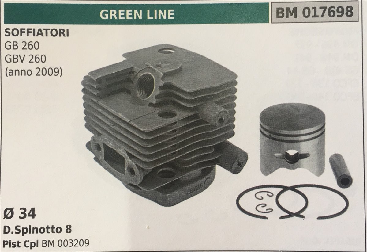 CILINDRO COMPLETO DI PISTONE E SEGMENTI BRUMAR  GREEN LINE SOFFIATORI GB 260 GBV 260 (anno 2009)    Ø 34 D.Spinotto 8 Pist Cpl BM 003209
