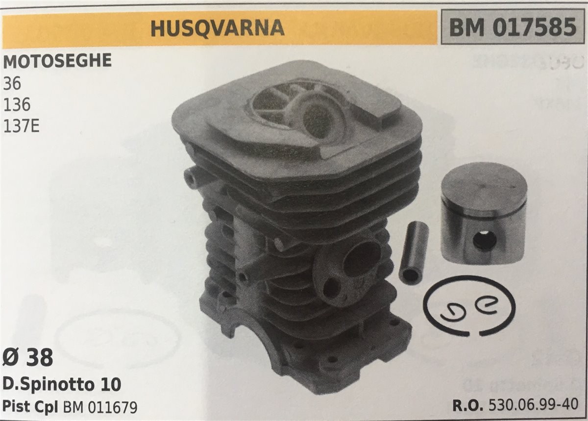 CILINDRO COMPLETO DI PISTONE E SEGMENTI BRUMAR  HUSQVARNA MOTOSEGHE 36 136 137E    Ø 38 D.Spinotto 10 Pist Cpl BM 011660