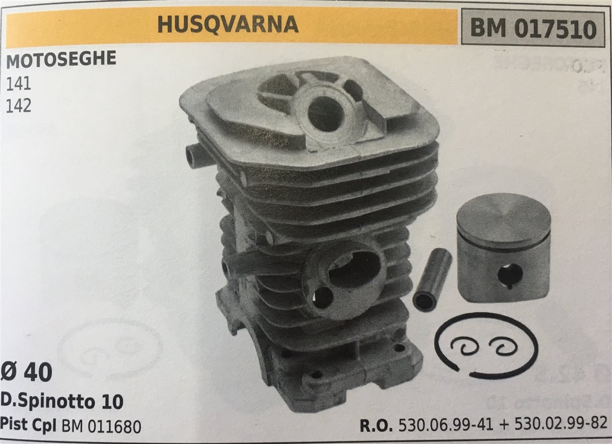CILINDRO COMPLETO DI PISTONE E SEGMENTI BRUMAR  HUSQVARNA MOTOSEGHE 141 142    Ø 40 D.Spinotto 10 Pist Cpl BM 011680
