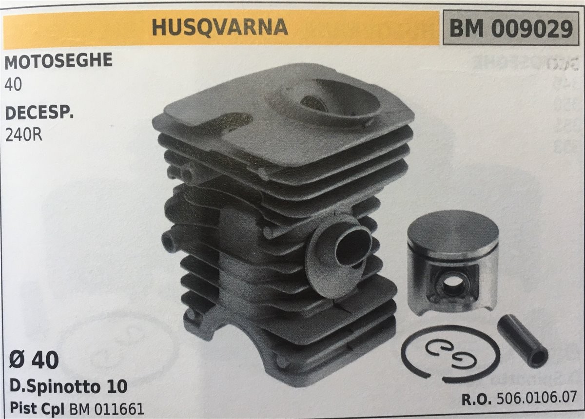 CILINDRO COMPLETO DI PISTONE E SEGMENTI BRUMAR  HUSQVARNA MOTOSEGHE 40 DECESPUGLIATORI 240R    Ø 40 D.Spinotto 10 Pist Cpl BM 011661