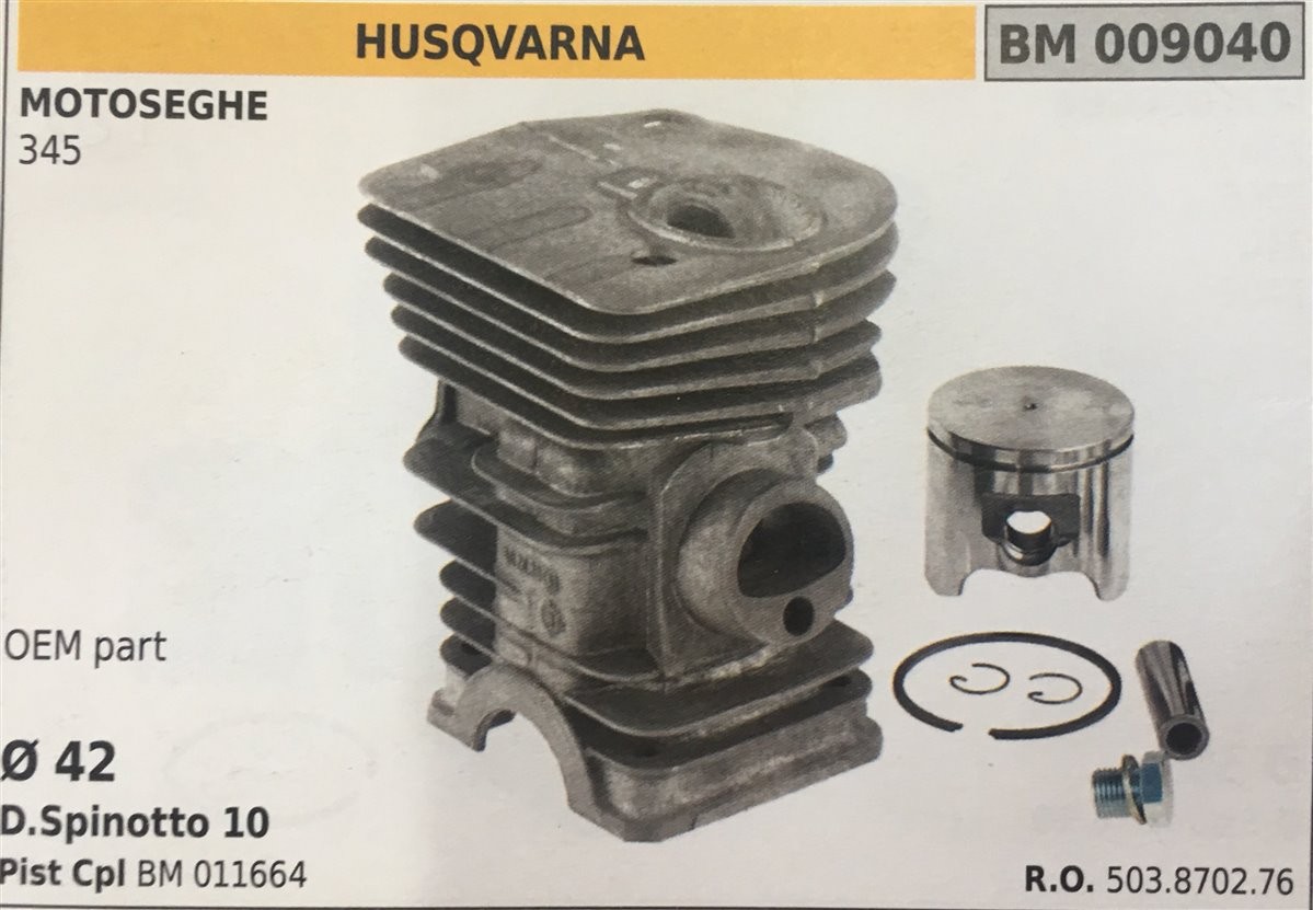 CILINDRO COMPLETO DI PISTONE E SEGMENTI BRUMAR  HUSQVARNA MOTOSEGHE 345    OEM part  Ø 42 D.Spinotto 10 Pist Cpl BM 011662