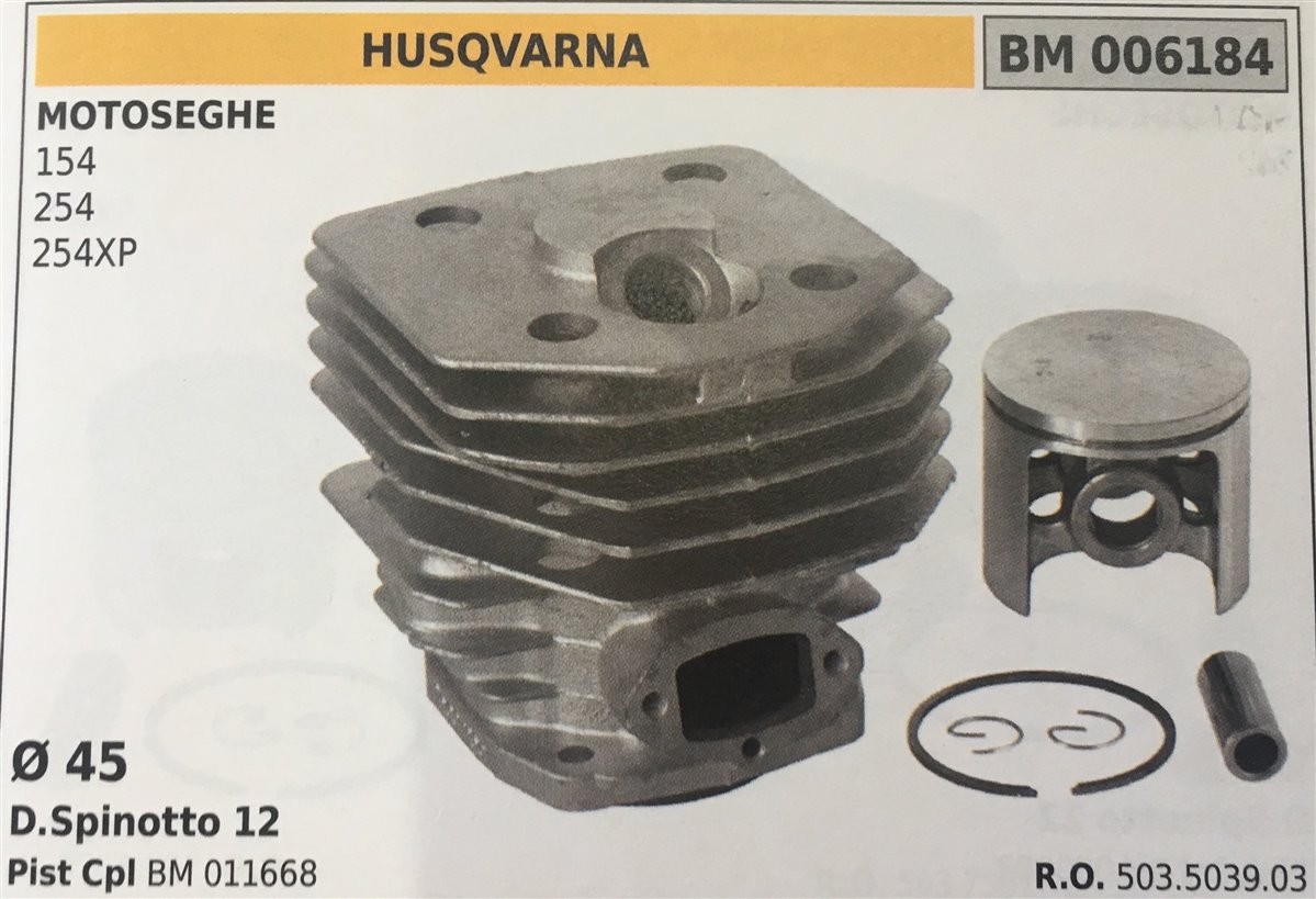 CILINDRO COMPLETO DI PISTONE E SEGMENTI BRUMAR  HUSQVARNA MOTOSEGHE 154 254 254XP    Ø 45 D.Spinotto 12 Pist Cpl BM 011668