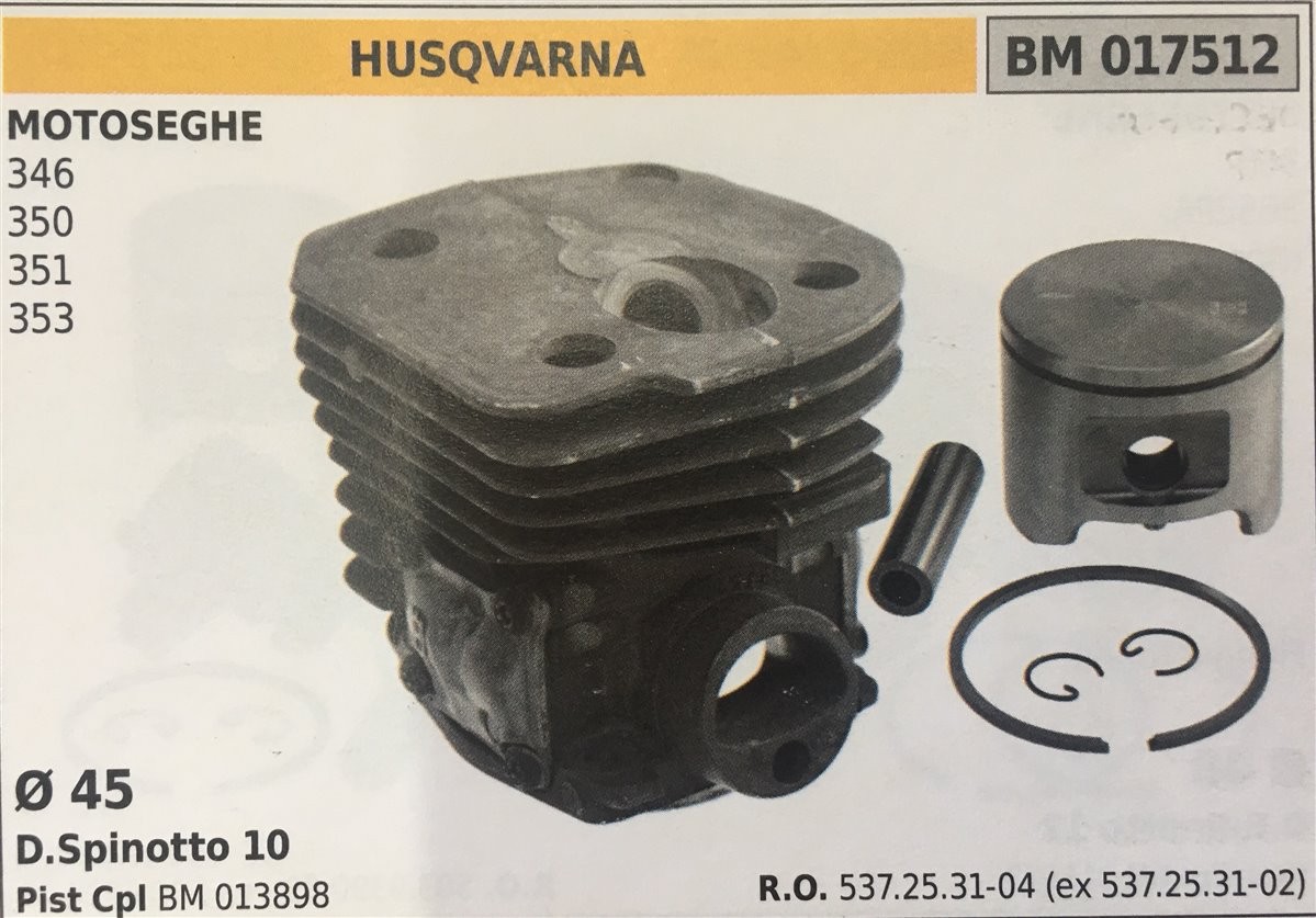 CILINDRO COMPLETO DI PISTONE E SEGMENTI BRUMAR  HUSQVARNA MOTOSEGHE 346 350 351 353    Ø 45 D.Spinotto 10 Pist Cpl BM 013898