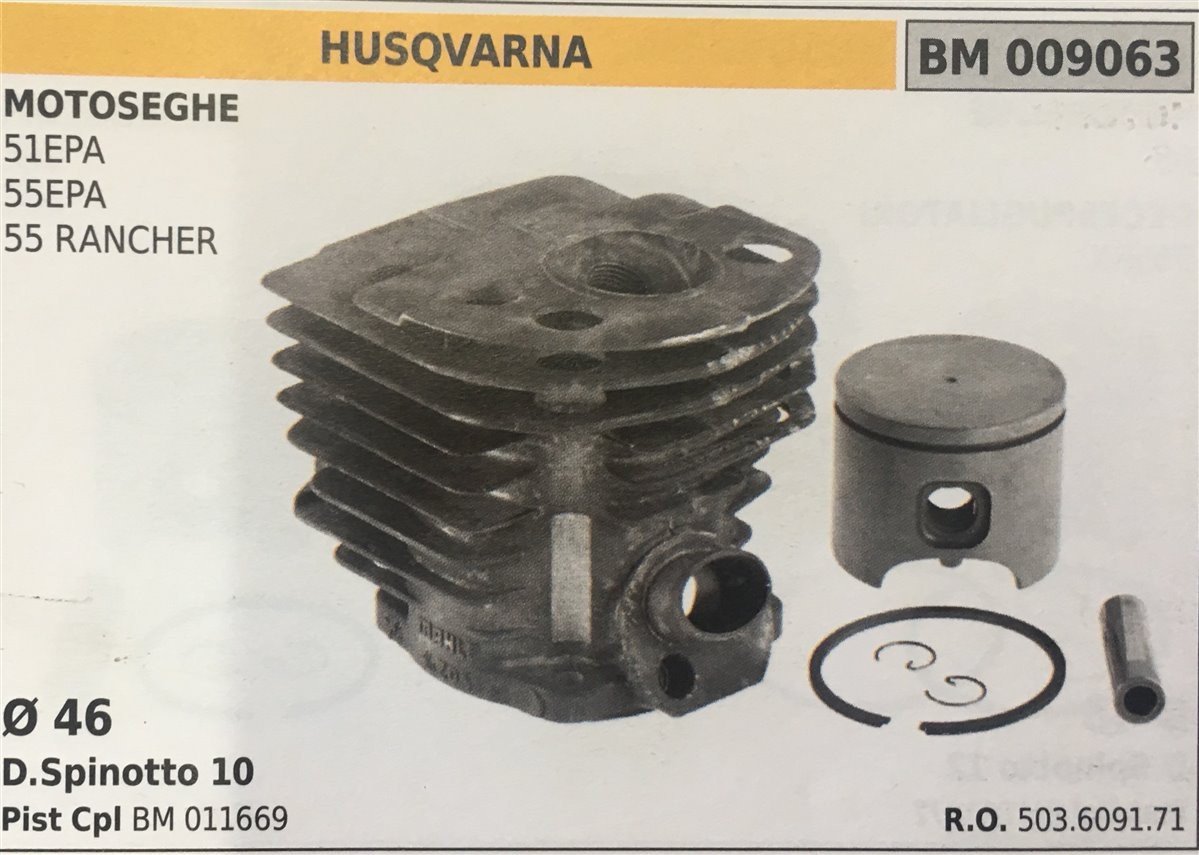 CILINDRO COMPLETO DI PISTONE E SEGMENTI BRUMAR  HUSQVARNA MOTOSEGHE 51EPA 55EPA 55 RANCHER    Ø 46 D.Spinotto 10 Pist Cpl BM 011669