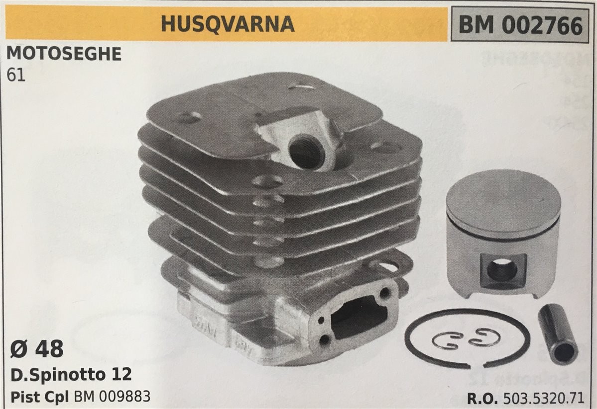 CILINDRO COMPLETO DI PISTONE E SEGMENTI BRUMAR  HUSQVARNA MOTOSEGHE 61    Ø 48 D.Spinotto 12 Pist Cpl BM 009883
