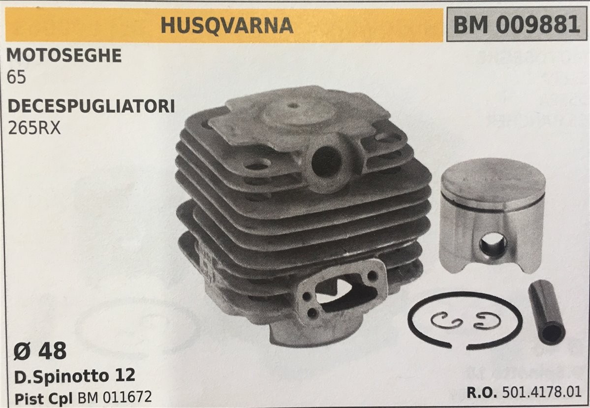 CILINDRO COMPLETO DI PISTONE E SEGMENTI BRUMAR  HUSQVARNA MOTOSEGHE 65 DECESPUGLIATORI 265RX    Ø 48 D.Spinotto 12 Pist Cpl BM 011672