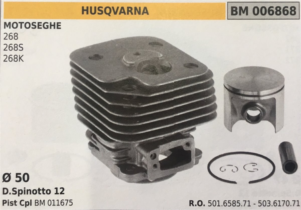 CILINDRO COMPLETO DI PISTONE E SEGMENTI BRUMAR  HUSQVARNA MOTOSEGHE 268 268S 268K    Ø 50 D.Spinotto 12 Pist Cpl BM 011675