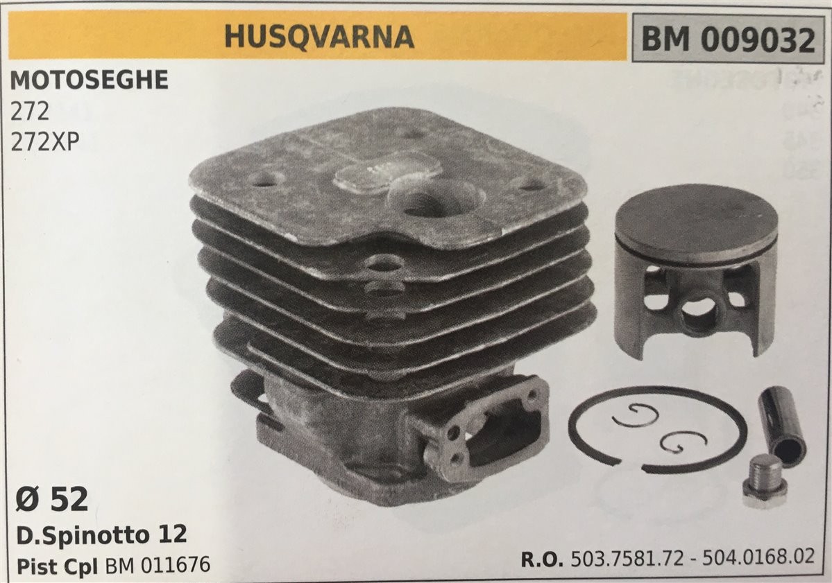 CILINDRO COMPLETO DI PISTONE E SEGMENTI BRUMAR  HUSQVARNA MOTOSEGHE 272 272XP    Ø 52 D.Spinotto 12 Pist Cpl BM 011676
