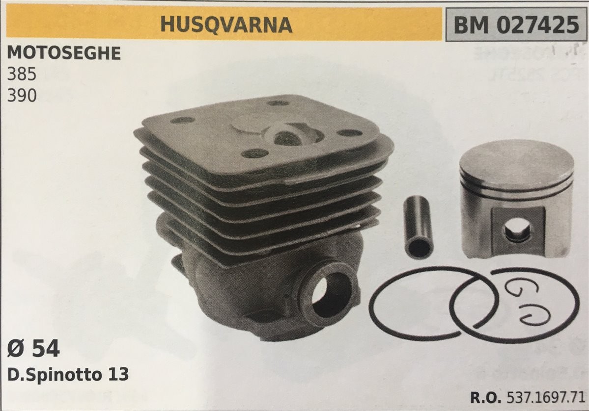CILINDRO COMPLETO DI PISTONE E SEGMENTI BRUMAR  HUSQVARNA MOTOSEGHE 385 390    Ø 54 D.Spinotto 13