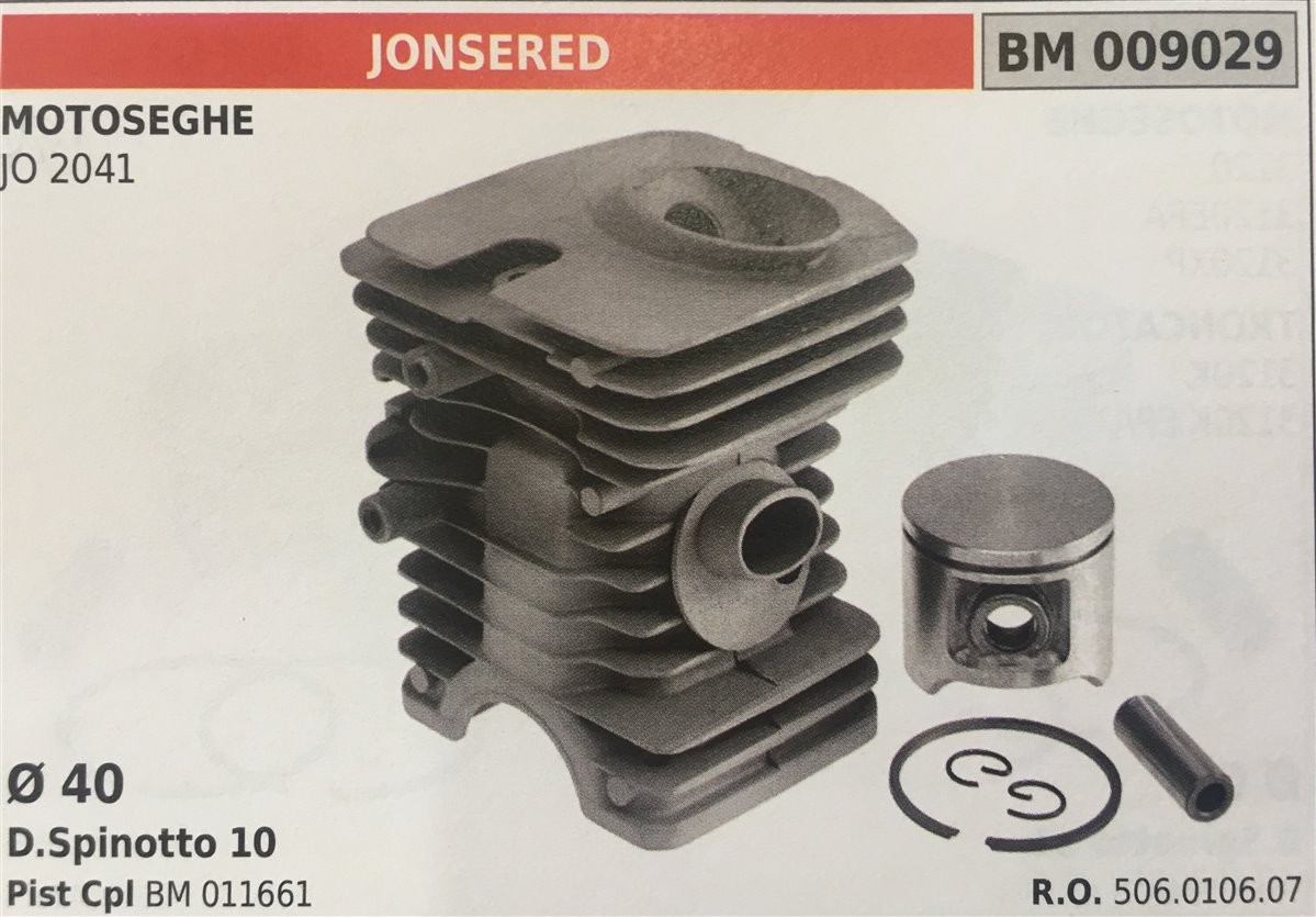 CILINDRO COMPLETO DI PISTONE E SEGMENTI BRUMAR  JONSERED MOTOSEGHE JO 2041    Ø 40 D.Spinotto 10 Pist Cpl BM 011661