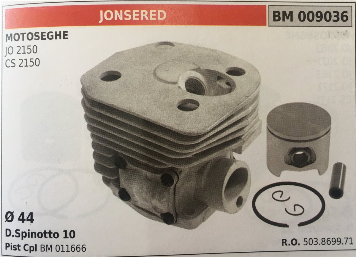 CILINDRO COMPLETO DI PISTONE E SEGMENTI BRUMAR  JONSERED MOTOSEGHE JO 2150 CS 2150    Ø 44 D.Spinotto 10 Pist Cpl BM 011666