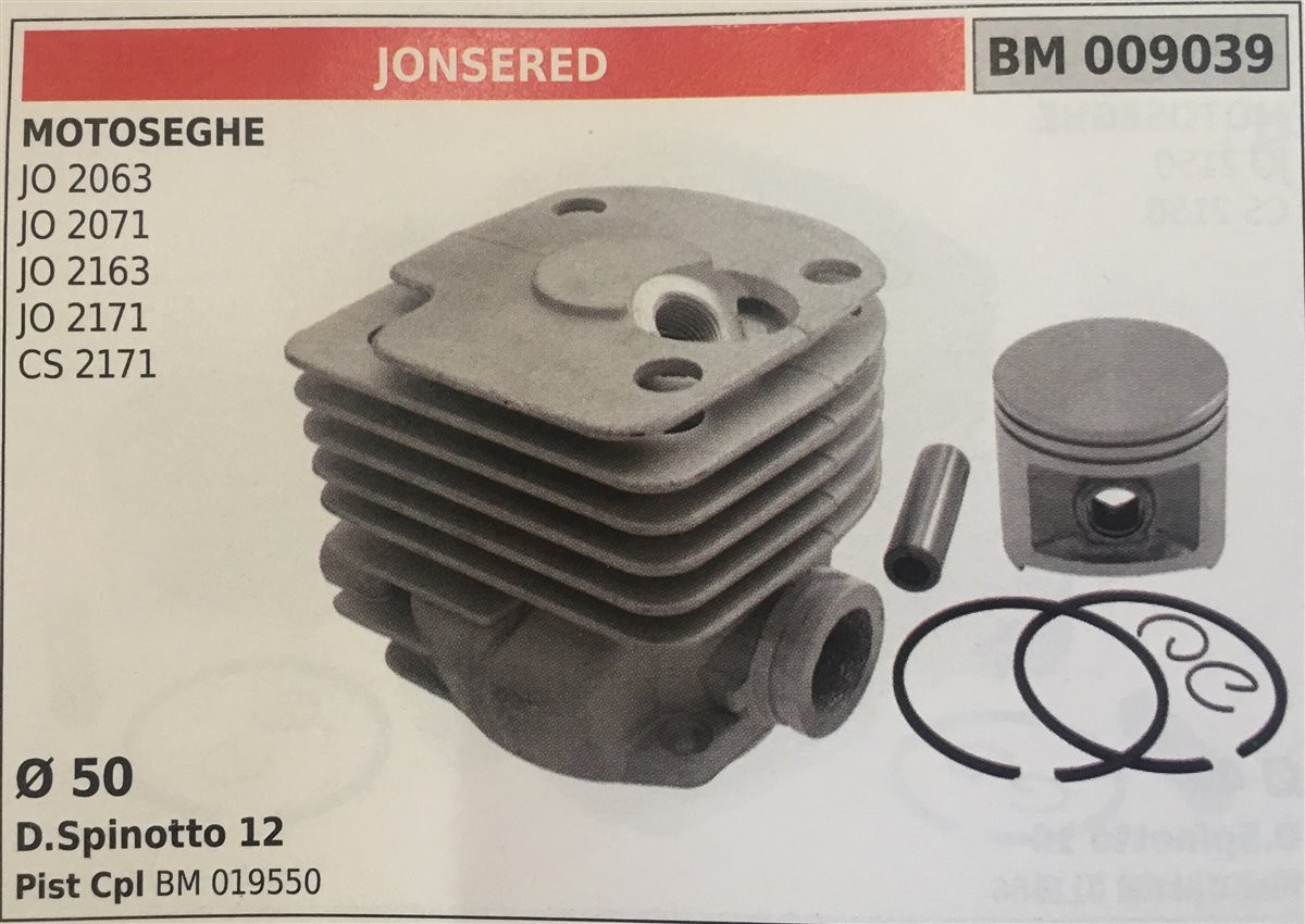 CILINDRO COMPLETO DI PISTONE E SEGMENTI BRUMAR  JONSERED MOTOSEGHE JO 2063 JO 2071 JO 2163 JO 2171 CS 2171    Ø 50 D.Spinotto 12 Pist Cpl BM 019550