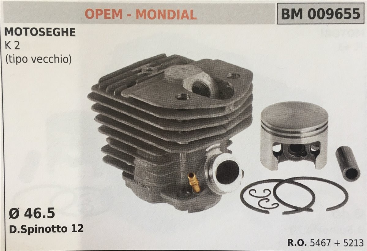 CILINDRO COMPLETO DI PISTONE E SEGMENTI BRUMAR  OPEM - MONDIAL MOTOSEGHE K 2 (tipo vecchio)    Ø 46.5 D.Spinotto 12