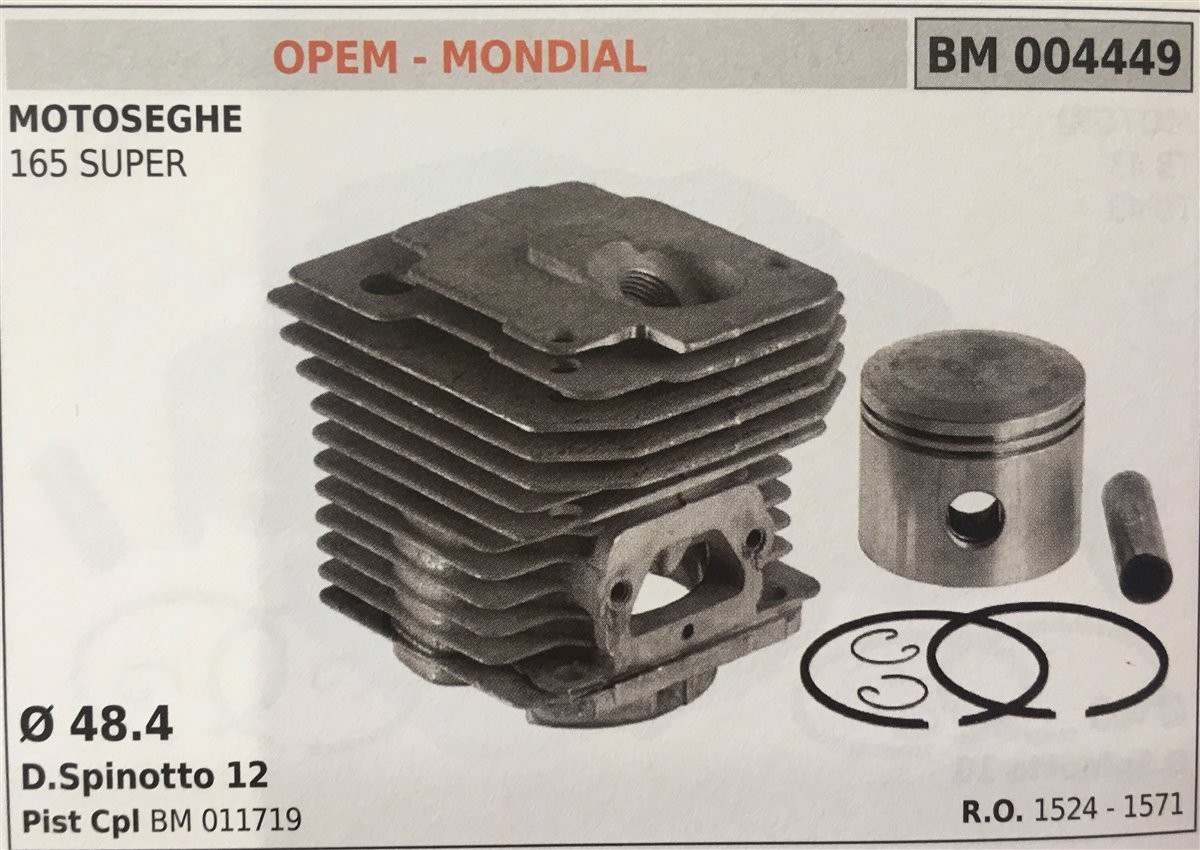 CILINDRO COMPLETO DI PISTONE E SEGMENTI BRUMAR  OPEM - MONDIAL MOTOSEGHE 165 SUPER    Ø 48.4 D.Spinotto 12 Pist Cpl BM 011719