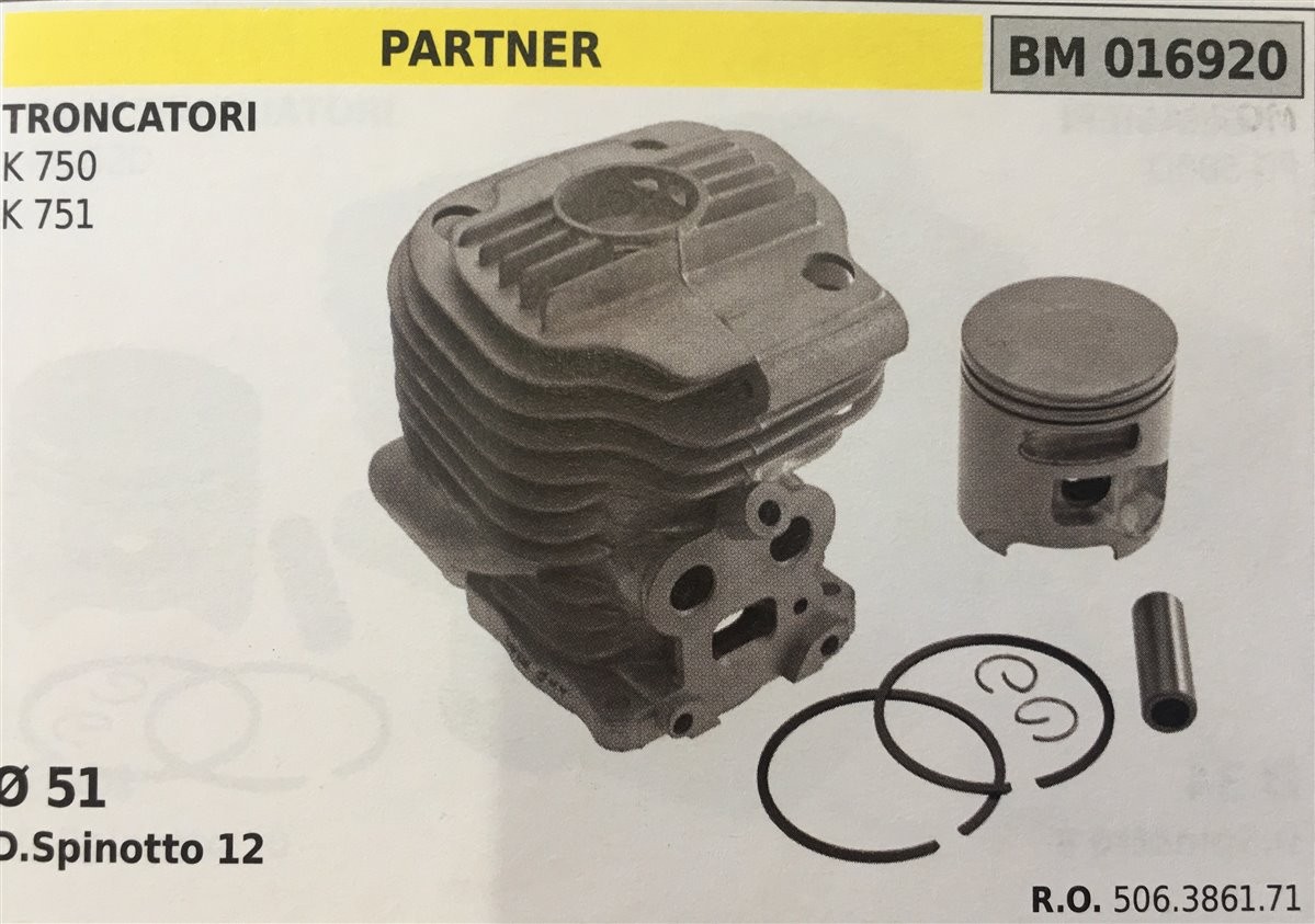 CILINDRO COMPLETO DI PISTONE E SEGMENTI BRUMAR  PARTNER TRONCATORI K 750 K 751    Ø 51 D.Spinotto 12