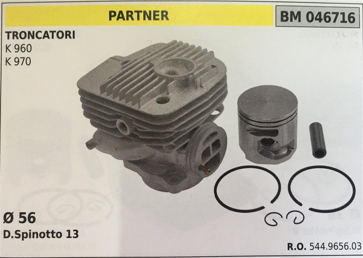 CILINDRO COMPLETO DI PISTONE E SEGMENTI BRUMAR  PARTNER TRONCATORI K 960 K 970    Ø 56 D.Spinotto 13