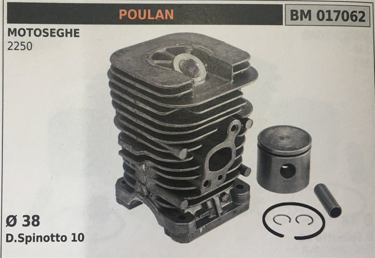 CILINDRO COMPLETO DI PISTONE E SEGMENTI BRUMAR  POULAN MOTOSEGHE 2250    Ø 38 D.Spinotto 10