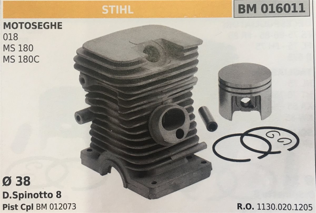 CILINDRO COMPLETO DI PISTONE E SEGMENTI BRUMAR STIHL MOTOSEGHE 018 MS 180 MS 180C    Ø 38 D. Spinotto 8 Pist Cpl BM 012073