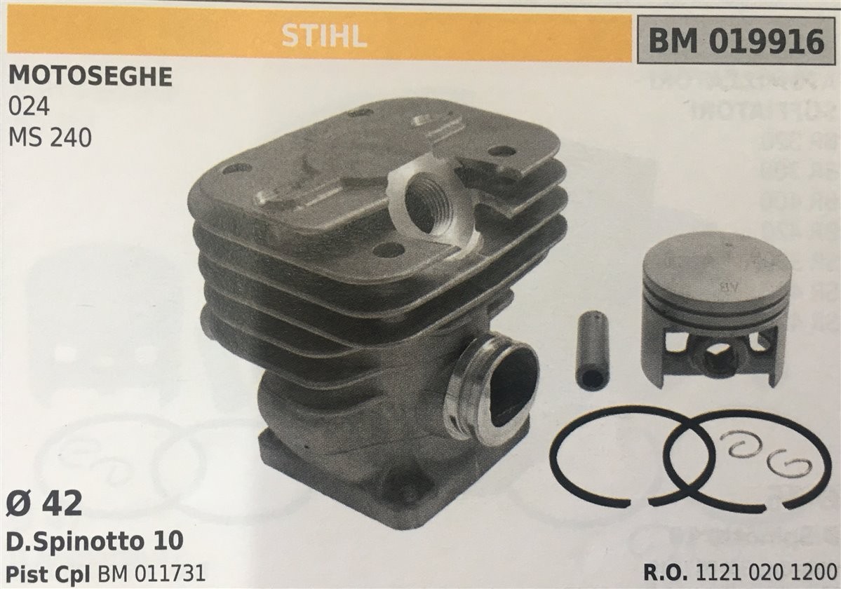 CILINDRO COMPLETO DI PISTONE E SEGMENTI BRUMAR STIHL MOTOSEGHE 024 MS 240    Ø 42 D. Spinotto 10 Pist Cpl BM 011731