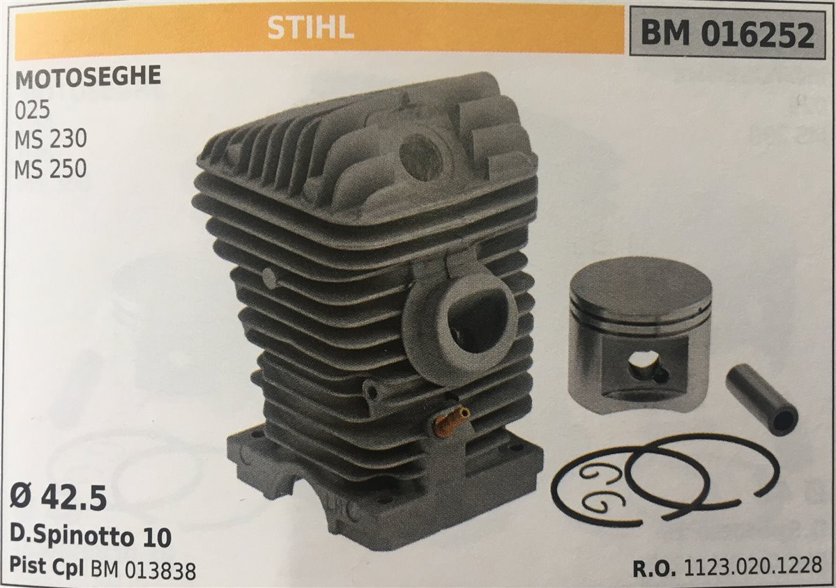CILINDRO COMPLETO DI PISTONE E SEGMENTI BRUMAR STIHL MOTOSEGHE 025 MS 230 MS 250    Ø 42.5 D. Spinotto 10 Pist Cpl BM 013838