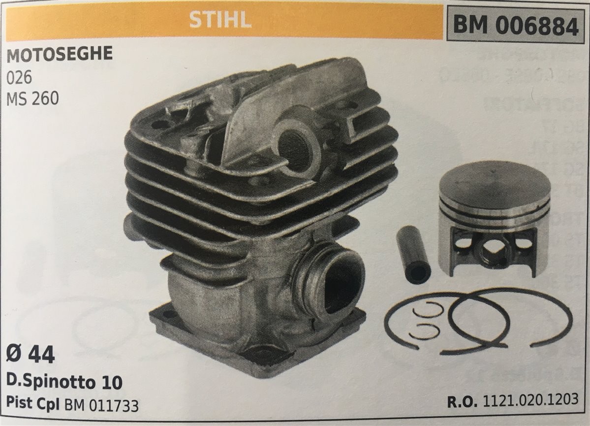 CILINDRO COMPLETO DI PISTONE E SEGMENTI BRUMAR STIHL MOTOSEGHE 026 MS 260    Ø 44 D. Spinotto 10 Pist Cpl BM 011733