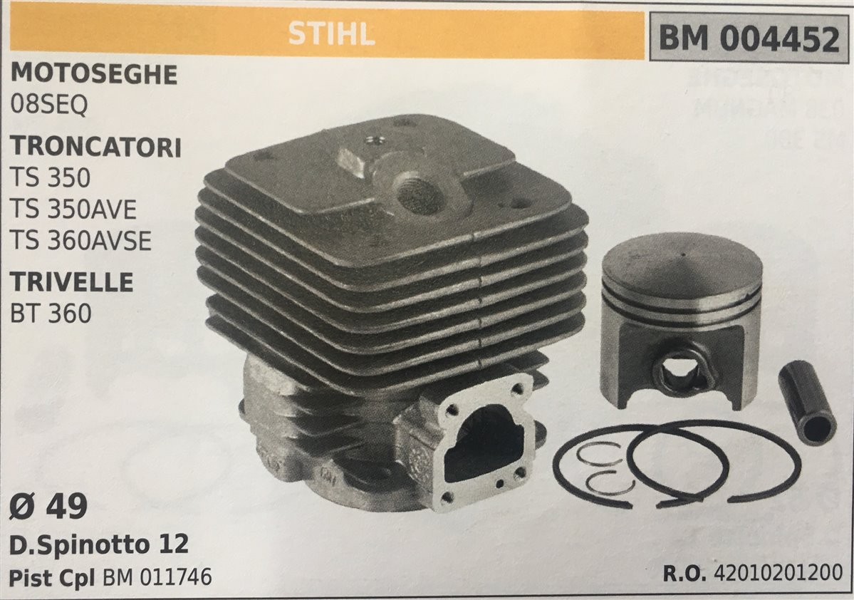 CILINDRO COMPLETO DI PISTONE E SEGMENTI BRUMAR STIHL MOTOSEGHE 08SEQ TRONCATORI TS 350 TS 350AVE TS 360AVSE TRIVELLE BT 360    Ø 49 D. Spinotto 12 Pist Cpl BM 011746