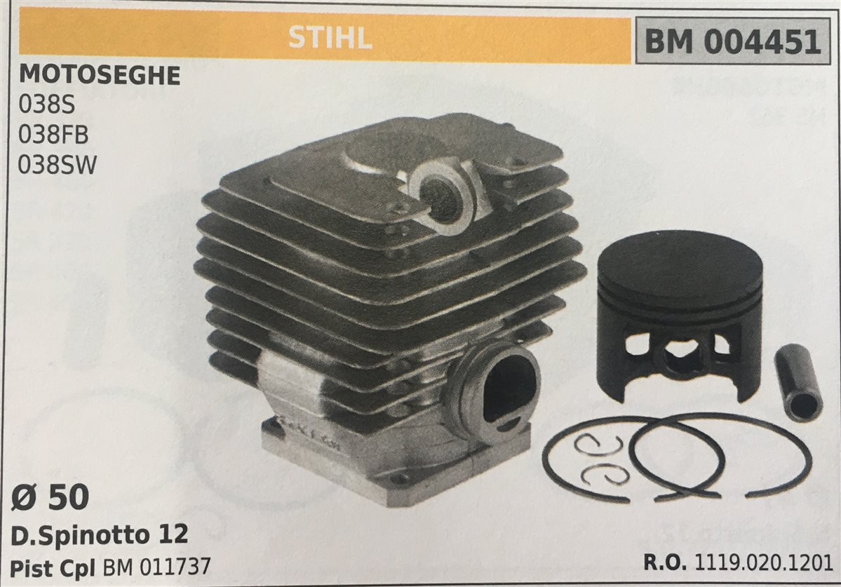 CILINDRO COMPLETO DI PISTONE E SEGMENTI BRUMAR STIHL MOTOSEGHE 038S 038FB 038SW    Ø 50 D. Spinotto 12 Pist Cpl BM 011737