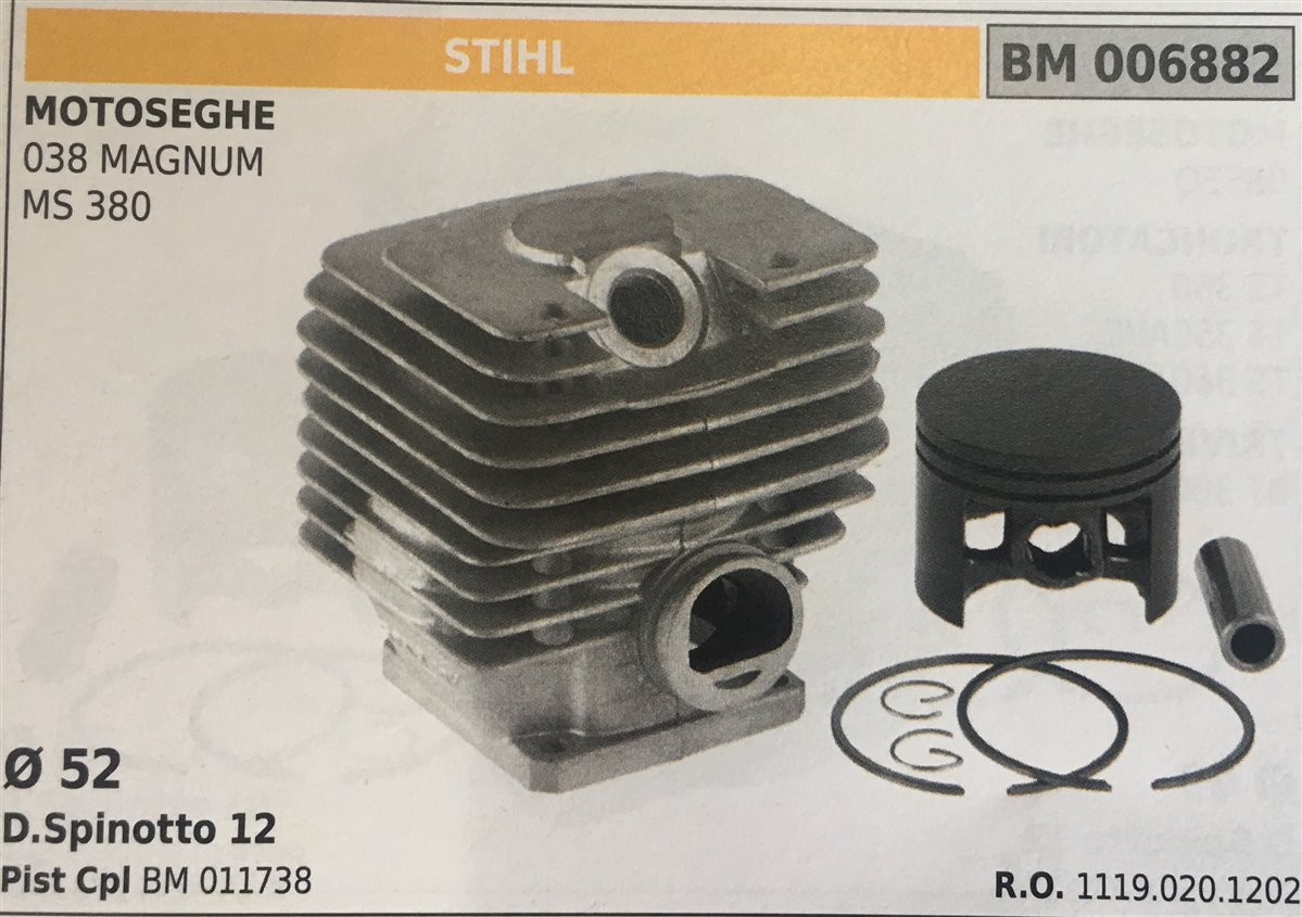 CILINDRO COMPLETO DI PISTONE E SEGMENTI BRUMAR STIHL MOTOSEGHE 038 MAGNUM MS 380    Ø 52 D. Spinotto 12 Pist Cpl BM 011738